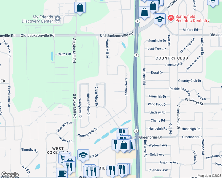 map of restaurants, bars, coffee shops, grocery stores, and more near 2924 Mill Point Court in Springfield