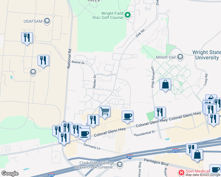 map of restaurants, bars, coffee shops, grocery stores, and more near 1463 Eagle Highlands Drive in Fairborn