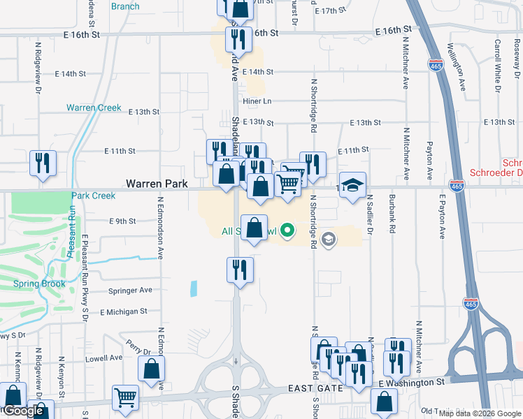 map of restaurants, bars, coffee shops, grocery stores, and more near in Indianapolis