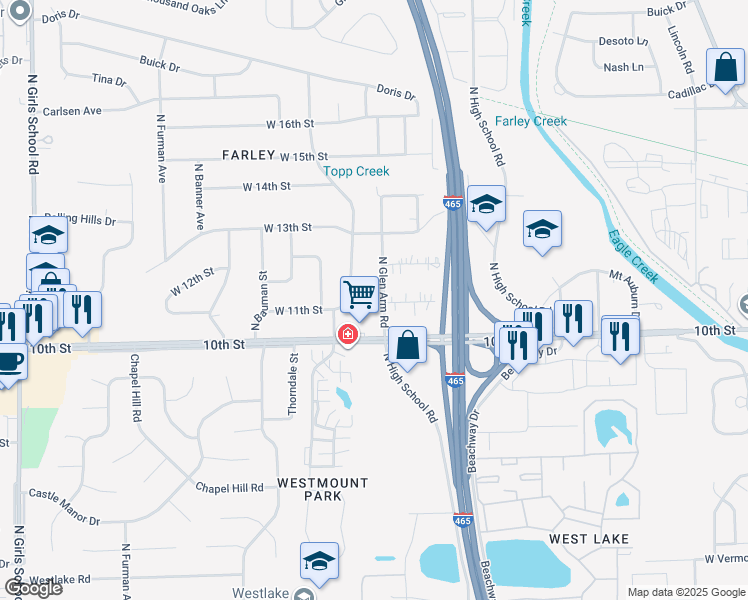 map of restaurants, bars, coffee shops, grocery stores, and more near 1154 North Glen Arm Road in Indianapolis