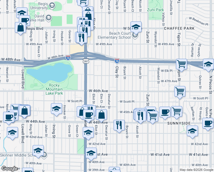 map of restaurants, bars, coffee shops, grocery stores, and more near 4666 Elm Court in Denver
