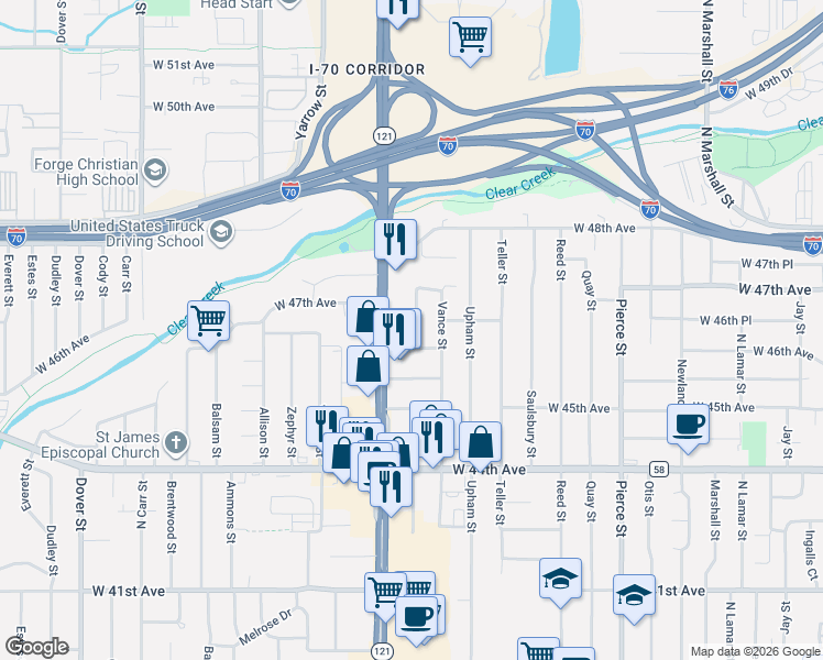 map of restaurants, bars, coffee shops, grocery stores, and more near 4670 Wadsworth Boulevard in Wheat Ridge