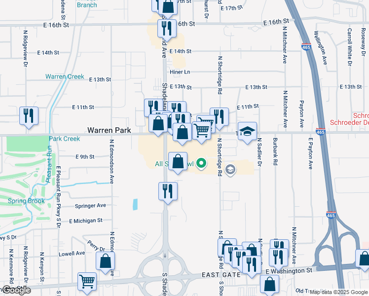 map of restaurants, bars, coffee shops, grocery stores, and more near 2702 Shadeland Avenue in Indianapolis