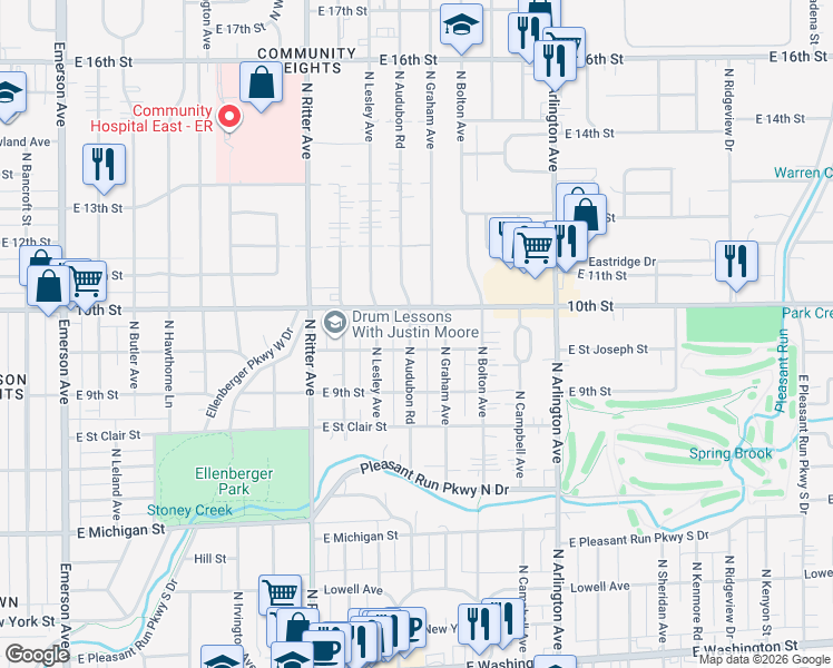 map of restaurants, bars, coffee shops, grocery stores, and more near 986 North Audubon Road in Indianapolis