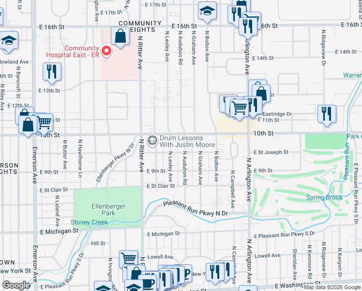 map of restaurants, bars, coffee shops, grocery stores, and more near 986 North Audubon Road in Indianapolis