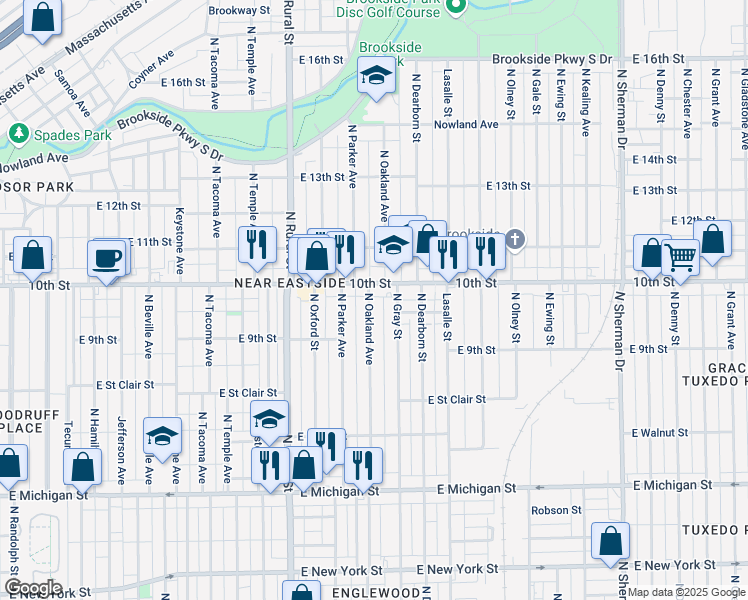 map of restaurants, bars, coffee shops, grocery stores, and more near 3022 East 10th Street in Indianapolis