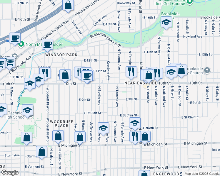 map of restaurants, bars, coffee shops, grocery stores, and more near 2402 East 10th Street in Indianapolis