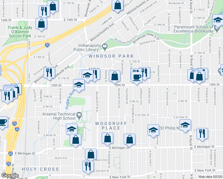 map of restaurants, bars, coffee shops, grocery stores, and more near in Indianapolis