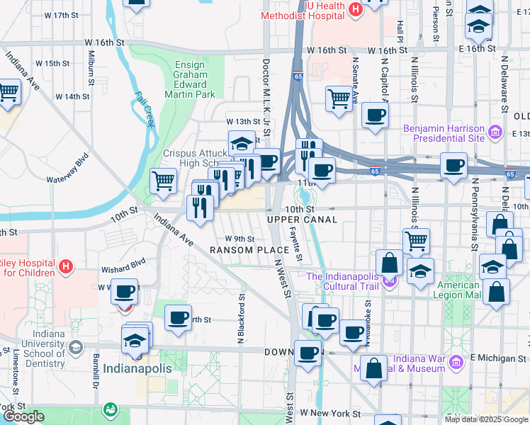map of restaurants, bars, coffee shops, grocery stores, and more near 1022 Doctor Martin Luther King Junior Street in Indianapolis