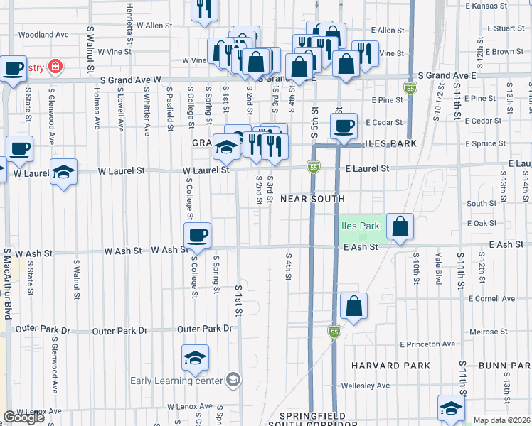 map of restaurants, bars, coffee shops, grocery stores, and more near 300 East Myrtle Street in Springfield
