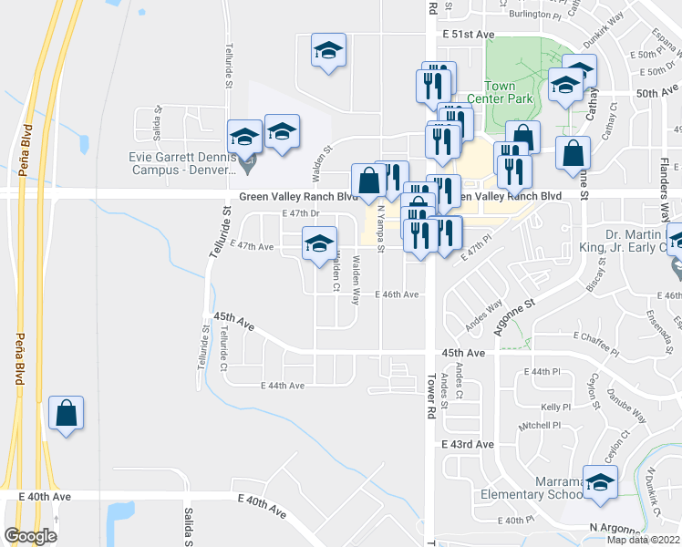 map of restaurants, bars, coffee shops, grocery stores, and more near 4636 Walden Court in Denver