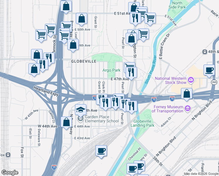 map of restaurants, bars, coffee shops, grocery stores, and more near 4646 Logan Street in Denver