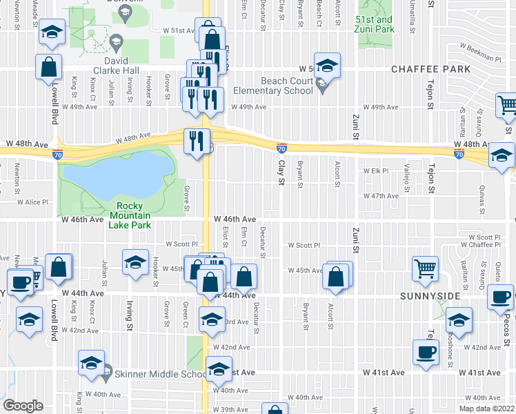 map of restaurants, bars, coffee shops, grocery stores, and more near 4666 Elm Court in Denver