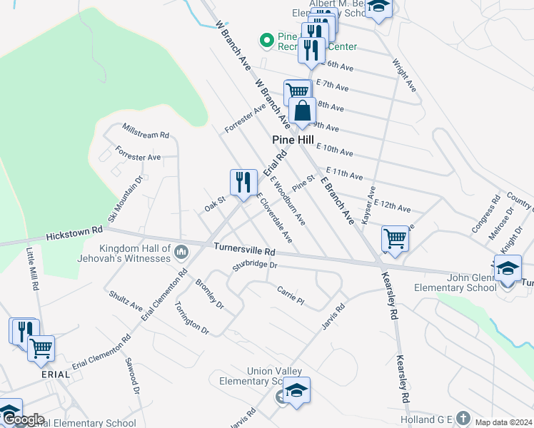 map of restaurants, bars, coffee shops, grocery stores, and more near 1303 Pine Street in Pine Hill