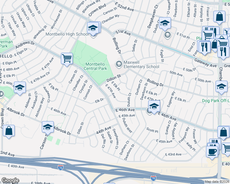 map of restaurants, bars, coffee shops, grocery stores, and more near 14423 East 47th Avenue in Denver