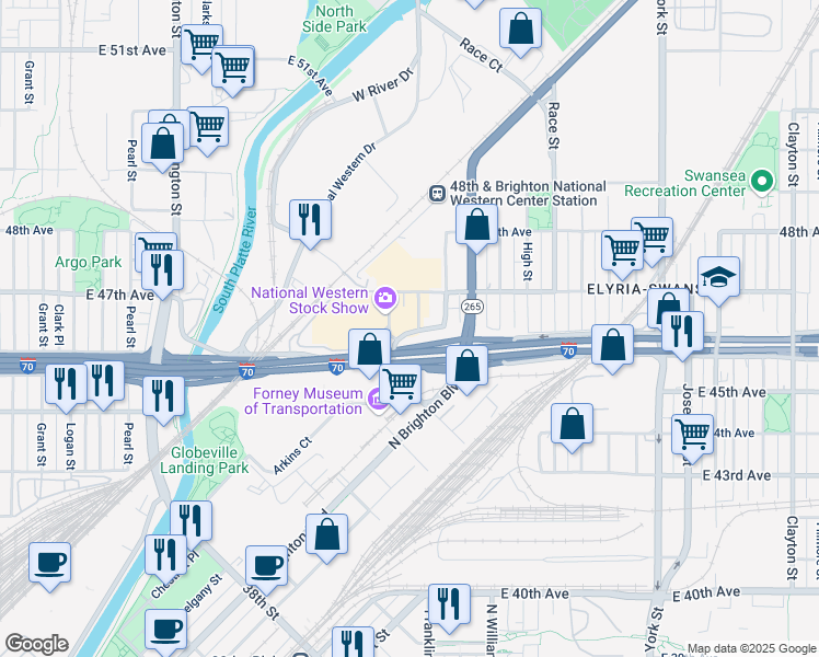 map of restaurants, bars, coffee shops, grocery stores, and more near 4658 Franklin Street in Denver