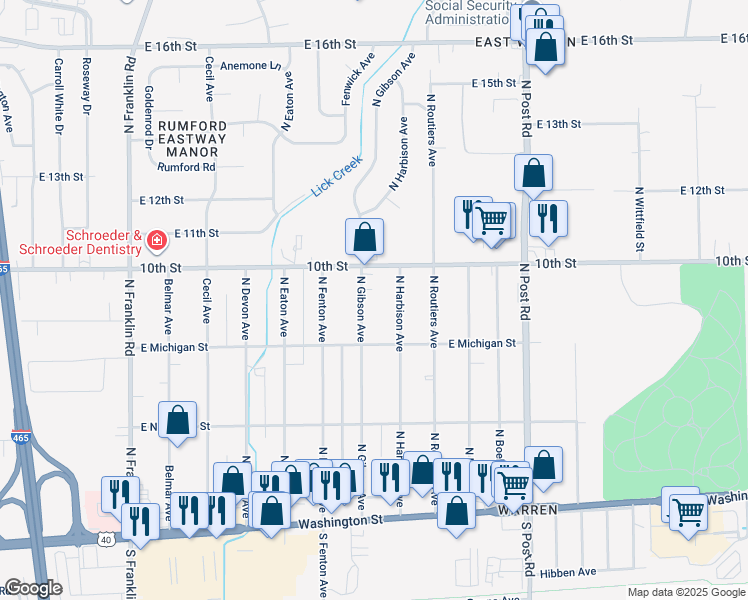 map of restaurants, bars, coffee shops, grocery stores, and more near 935 North Gibson Avenue in Indianapolis