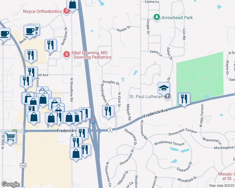 map of restaurants, bars, coffee shops, grocery stores, and more near 1517 North 42nd Terrace in Saint Joseph