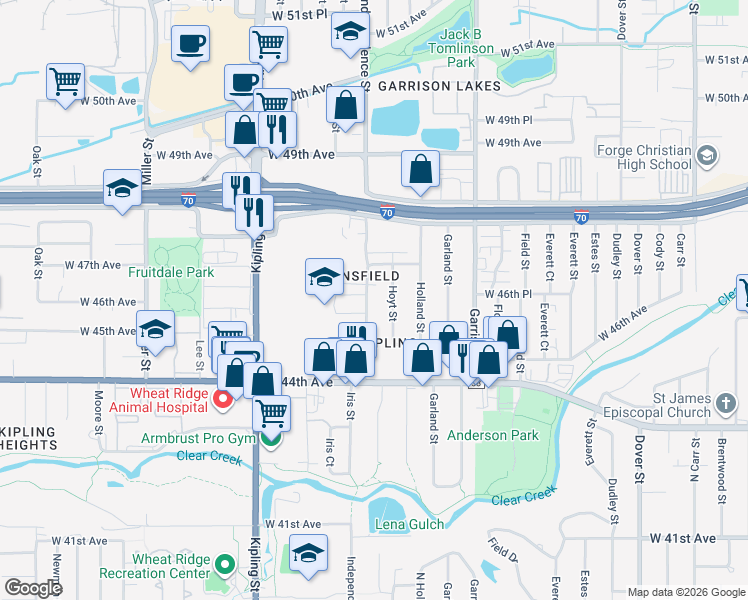 map of restaurants, bars, coffee shops, grocery stores, and more near in Wheat Ridge