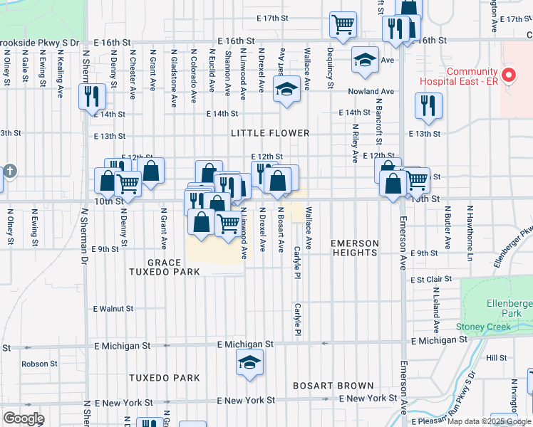 map of restaurants, bars, coffee shops, grocery stores, and more near 965 North Drexel Avenue in Indianapolis