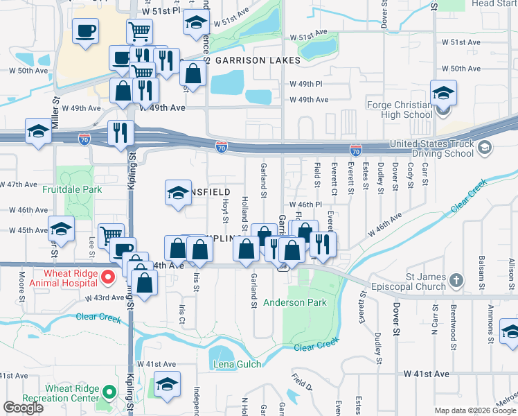 map of restaurants, bars, coffee shops, grocery stores, and more near 4620 Holland Street in Wheat Ridge
