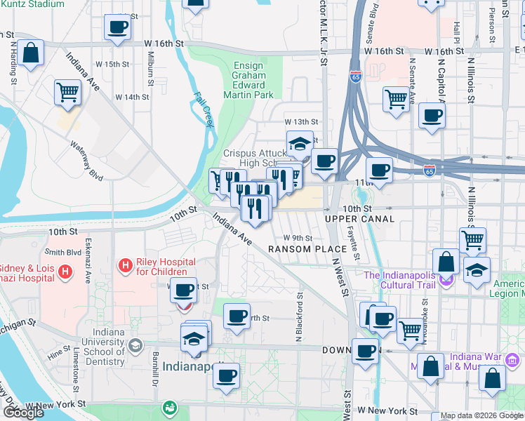 map of restaurants, bars, coffee shops, grocery stores, and more near 812 West 10th Street in Indianapolis
