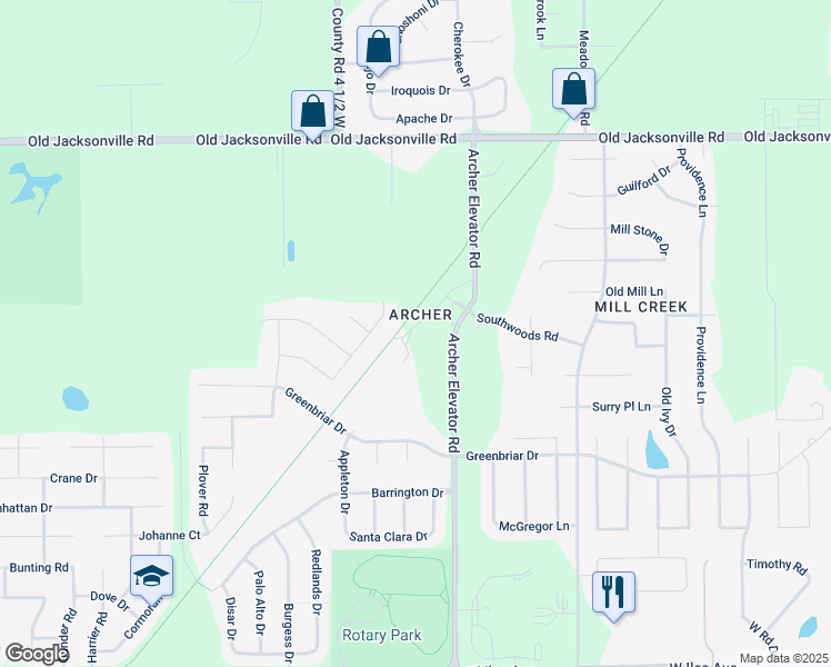 map of restaurants, bars, coffee shops, grocery stores, and more near 1255 Archer Elevator Road in Springfield