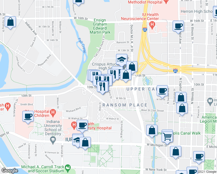 map of restaurants, bars, coffee shops, grocery stores, and more near West 10th Street & Paca Street in Indianapolis