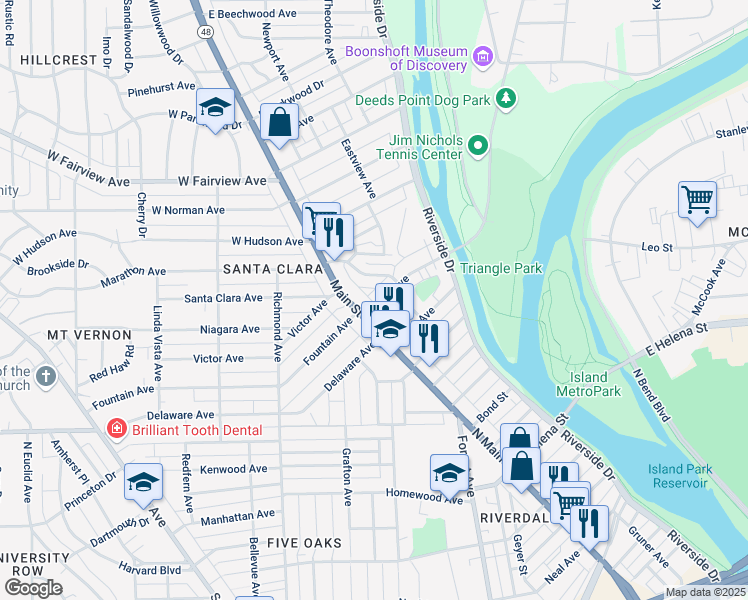 map of restaurants, bars, coffee shops, grocery stores, and more near 15 Ridge Avenue in Dayton