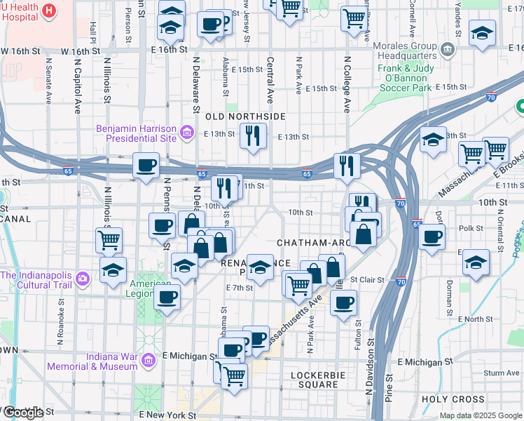 map of restaurants, bars, coffee shops, grocery stores, and more near 970 Fort Wayne Avenue in Indianapolis