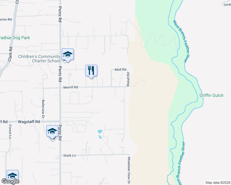 map of restaurants, bars, coffee shops, grocery stores, and more near Summerwood Court in Paradise