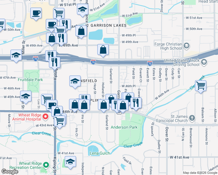 map of restaurants, bars, coffee shops, grocery stores, and more near 4620 Holland Street in Wheat Ridge