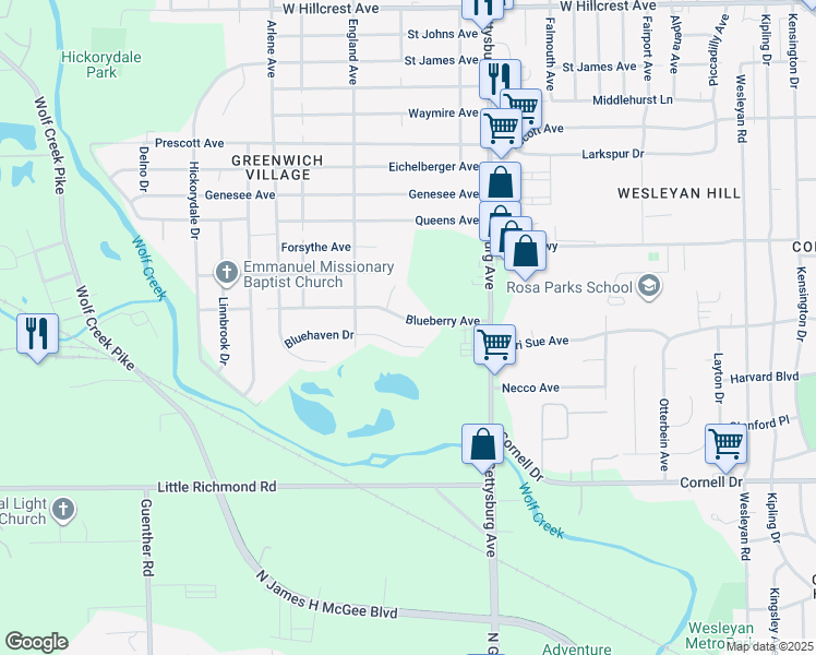 map of restaurants, bars, coffee shops, grocery stores, and more near 4430 Blueberry Avenue in Dayton