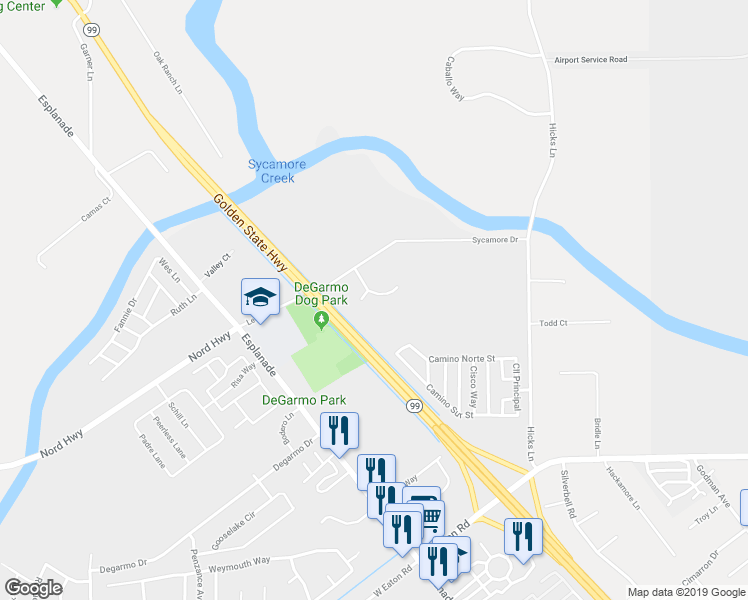 map of restaurants, bars, coffee shops, grocery stores, and more near 30 Lakoda Court in Chico