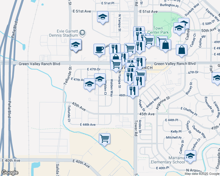 map of restaurants, bars, coffee shops, grocery stores, and more near 4636 Walden Court in Denver