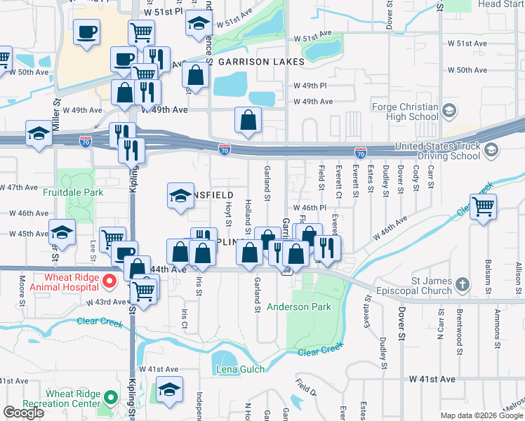 map of restaurants, bars, coffee shops, grocery stores, and more near 4620 Holland Street in Wheat Ridge