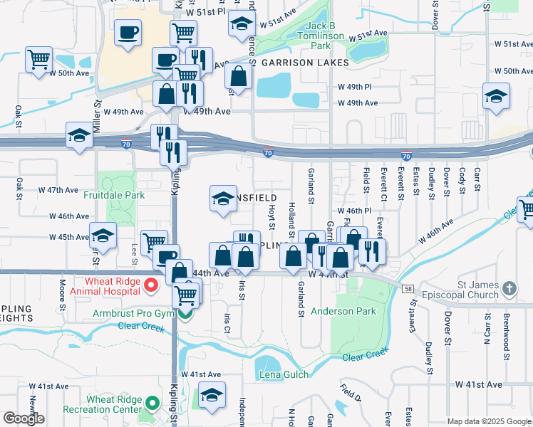 map of restaurants, bars, coffee shops, grocery stores, and more near 4686 Hoyt Street in Wheat Ridge