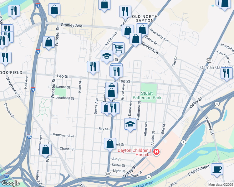 map of restaurants, bars, coffee shops, grocery stores, and more near 904 Ohio 202 in Dayton