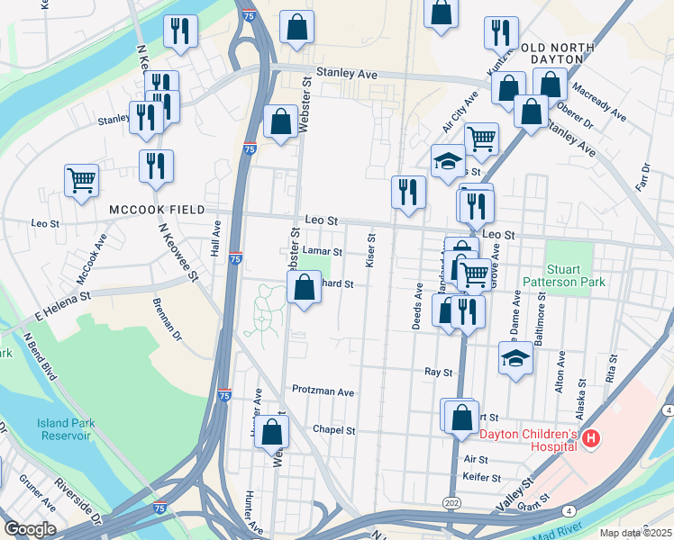 map of restaurants, bars, coffee shops, grocery stores, and more near 1441 Milburn Avenue in Dayton