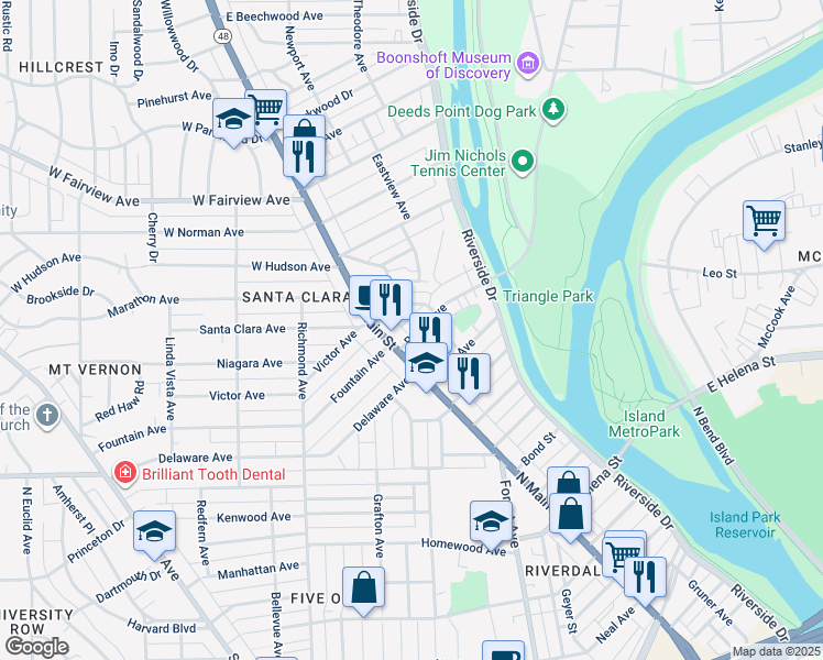 map of restaurants, bars, coffee shops, grocery stores, and more near 116 Indianola Avenue in Dayton