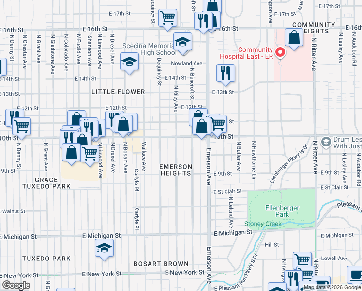 map of restaurants, bars, coffee shops, grocery stores, and more near 5024 East 10th Street in Indianapolis