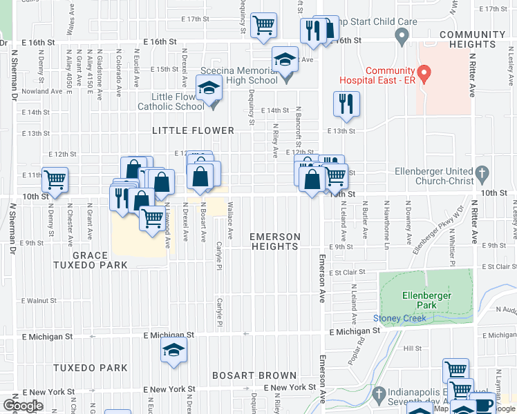 map of restaurants, bars, coffee shops, grocery stores, and more near 4928 East 10th Street in Indianapolis