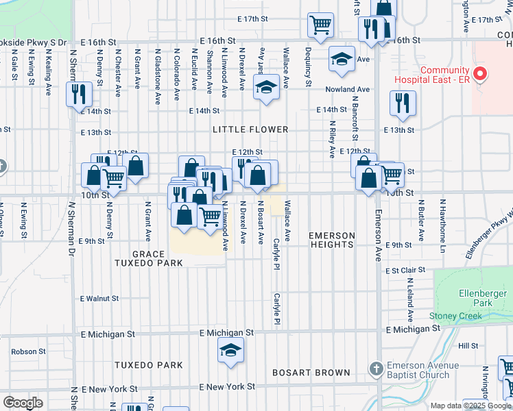 map of restaurants, bars, coffee shops, grocery stores, and more near 4624 East 10th Street in Indianapolis