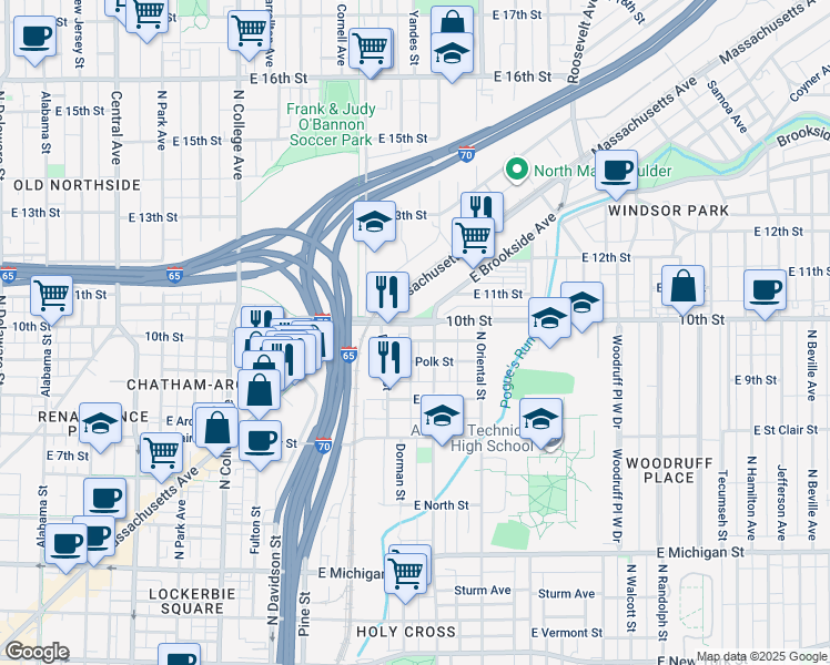 map of restaurants, bars, coffee shops, grocery stores, and more near 1125 East Brookside Avenue in Indianapolis