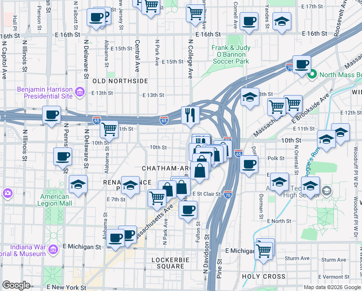 map of restaurants, bars, coffee shops, grocery stores, and more near 1030 North College Avenue in Indianapolis