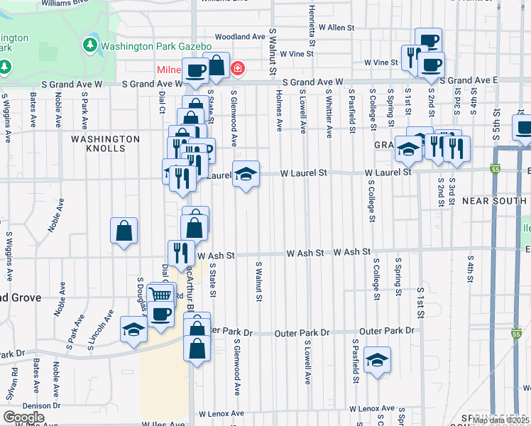 map of restaurants, bars, coffee shops, grocery stores, and more near 1800 South Walnut Street in Springfield