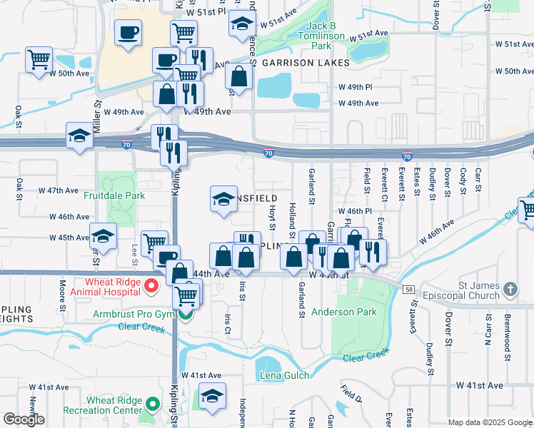 map of restaurants, bars, coffee shops, grocery stores, and more near 4686 Hoyt Street in Wheat Ridge