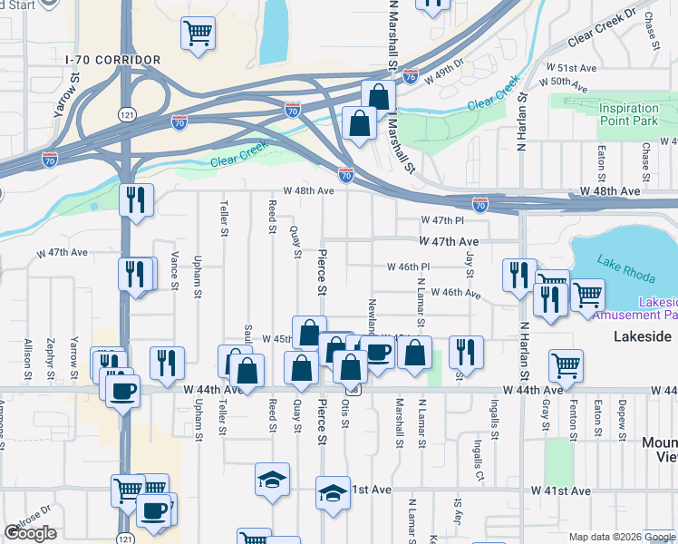 map of restaurants, bars, coffee shops, grocery stores, and more near 4680 Pierce Street in Wheat Ridge