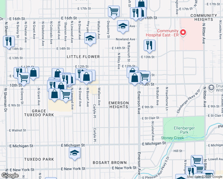 map of restaurants, bars, coffee shops, grocery stores, and more near 4928 East 10th Street in Indianapolis