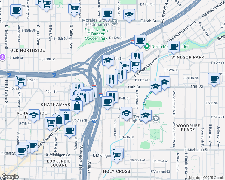 map of restaurants, bars, coffee shops, grocery stores, and more near 636 East 10th Street in Indianapolis